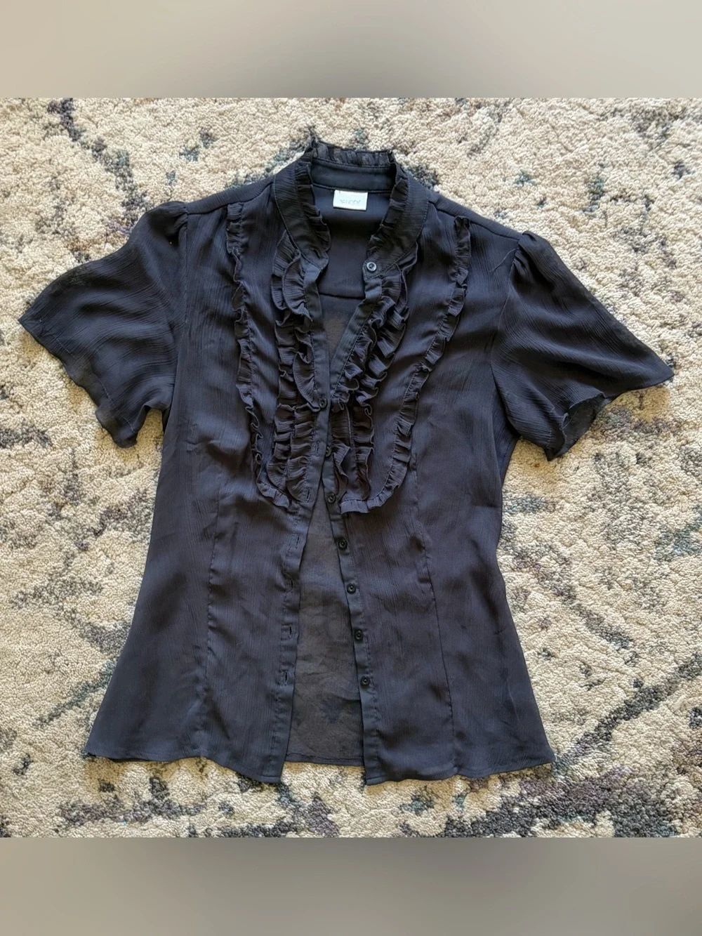Vintage Suzy Shier Sheer Mesh Ruffle Toe Back Babydoll Blouse - Picture 2 of 4